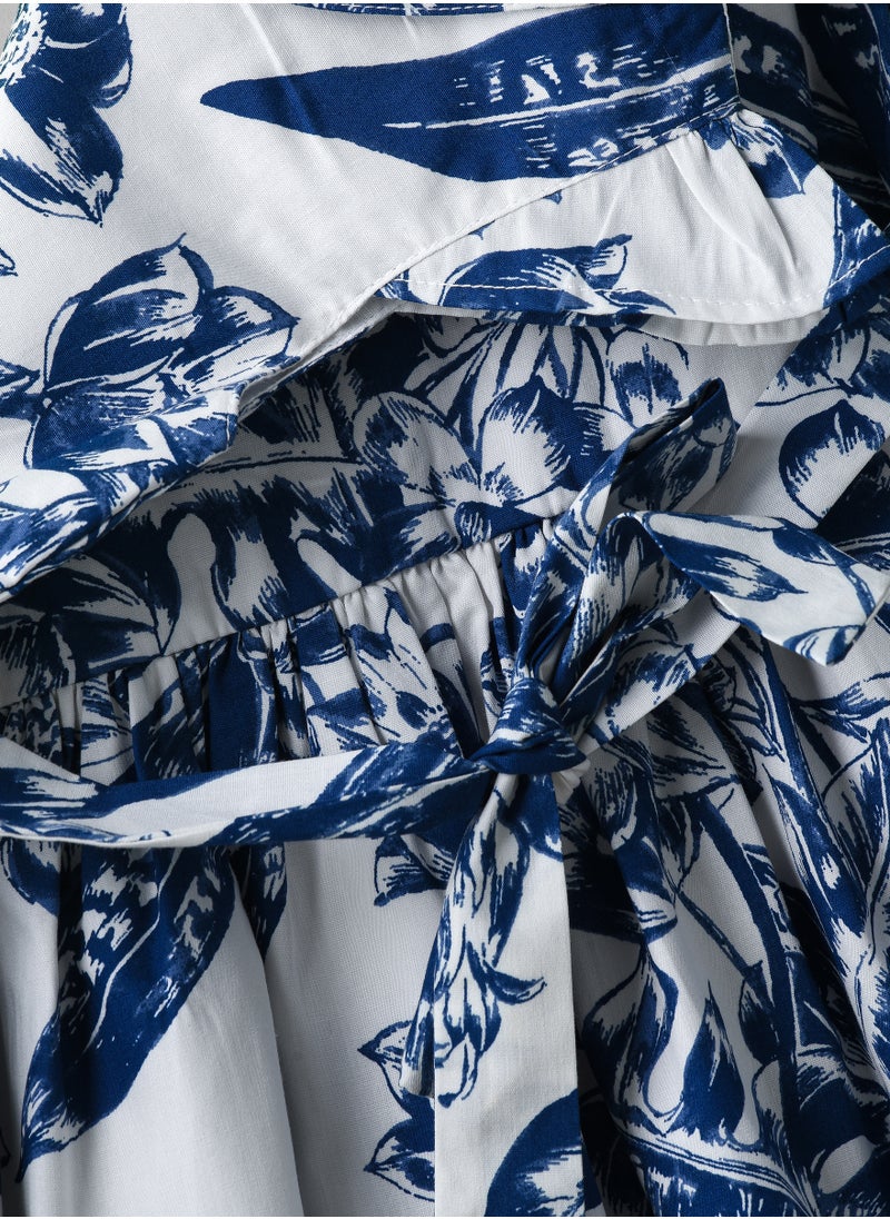 Jelliene Girls Blue Floral Cotton Button Dress  - Image 4