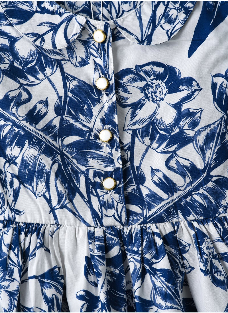 Jelliene Girls Blue Floral Cotton Button Dress  - Image 3