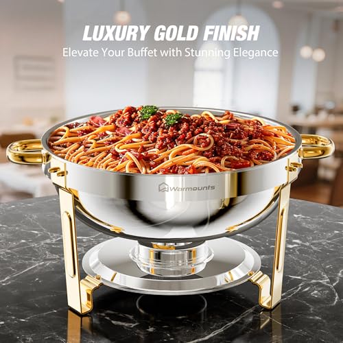 WARMOUNTS Gold Chafing Dishes for Buffet (5QT, 4 Pack), Round Chafer and Warmer Set with Lid Holder, Rolled Rim Process (No Finger Cuts), Mirror-Polished Stainless Steel, for Catering, Party, Wedding - Image 3