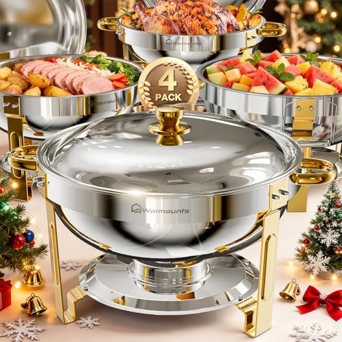 WARMOUNTS Gold Chafing Dishes for Buffet (5QT, 4 Pack), Round Chafer and Warmer Set with Lid Holder, Rolled Rim Process (No Finger Cuts), Mirror-Polished Stainless Steel, for Catering, Party, Wedding - Image 1