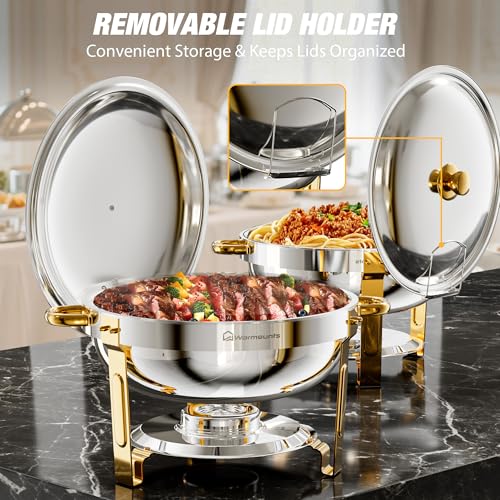 WARMOUNTS Gold Chafing Dishes for Buffet (5QT, 4 Pack), Round Chafer and Warmer Set with Lid Holder, Rolled Rim Process (No Finger Cuts), Mirror-Polished Stainless Steel, for Catering, Party, Wedding - Image 5