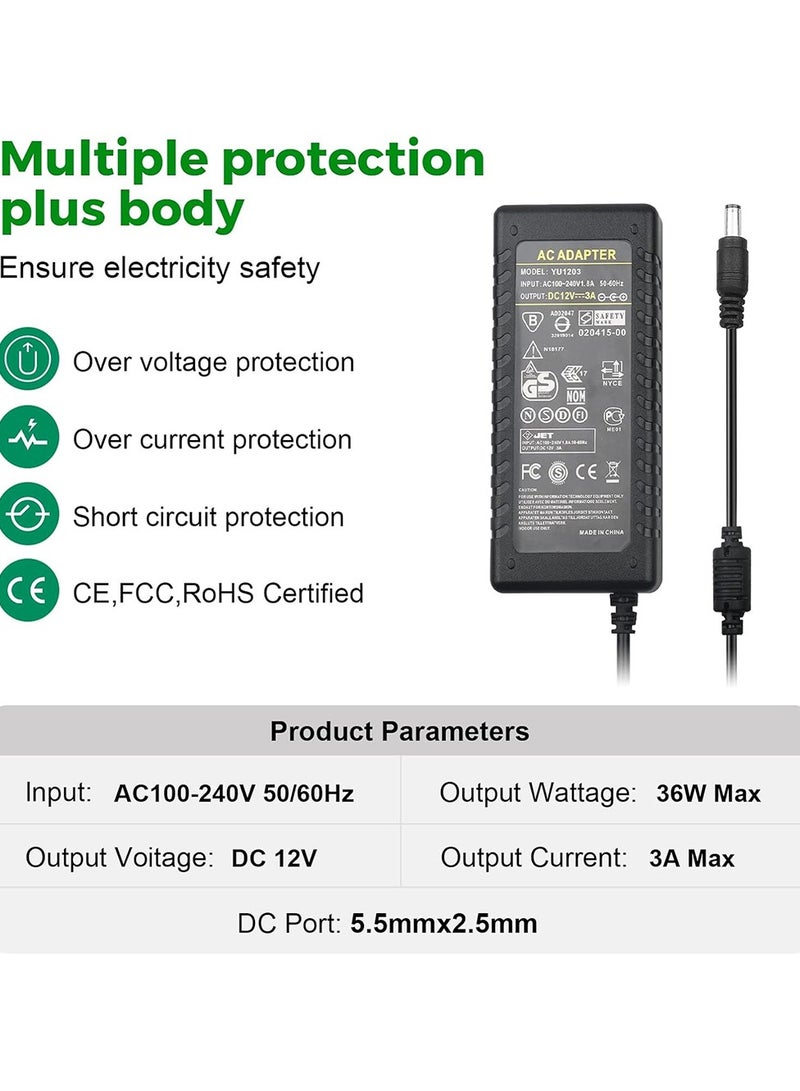 محول الطاقة ELIKLIV 12V 3A AC 100-240V إلى DC 12 V 3000mA محول 36W 3 أمبير 12V / 3A LED سائق 5.5x2.5mm تلميح لشريط إضاءة LED كاميرا CCTV شاشة LCD