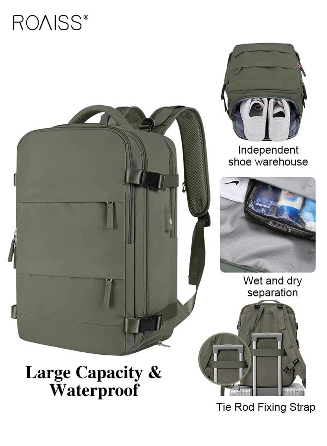 رويس حقيبة ظهر للسفر للرجال والنساء، حقيبة يد محمولة مزودة بمنفذ شحن USB وجيب للأحذية، حقيبة ظهر للكمبيوتر المحمول حتى 15.6 بوصة، معتمدة للسفر الجوي، حقيبة مدرسية جامعية، حقيبة للأمهات، حقيبة ظهر يومية للاستخدام اليومي، مناسبة لعطلات نهاية الأسبوع، العمل، والمشي لمسافات طويلة، لون أخضر غابي - Image 1