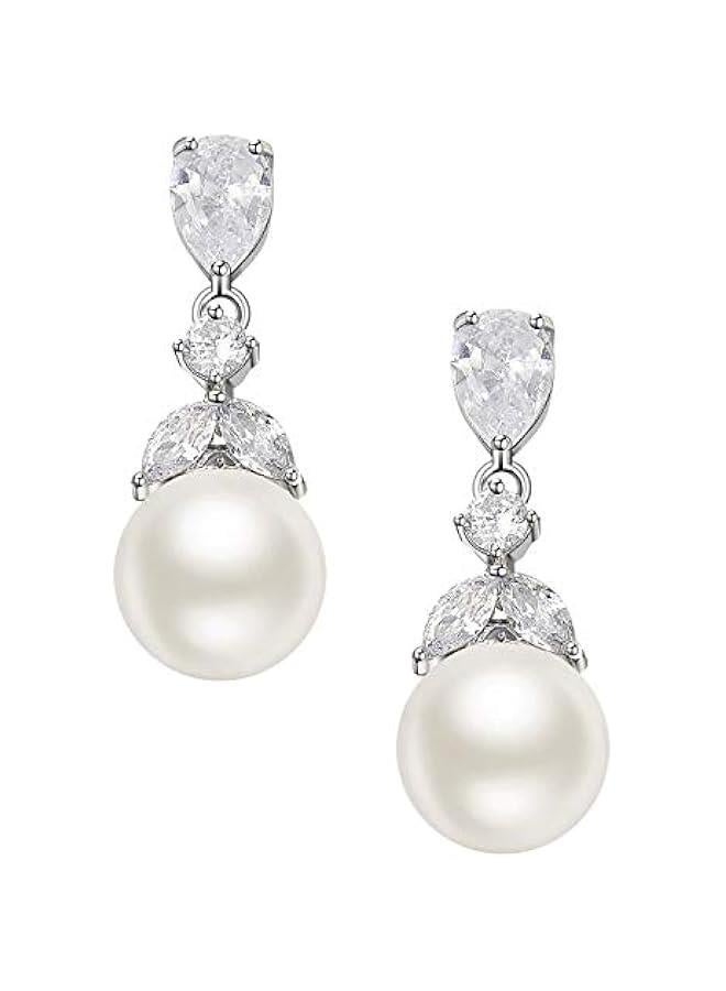 Cubic Zirconia Pearl Drop Wedding Earrings for Brides, Ivory Bridal Pearl Earrings for Bridesmaid Jewelry Gift - Image 1