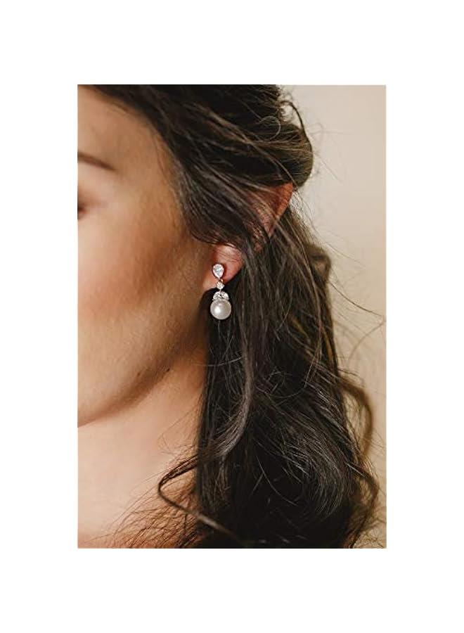 Cubic Zirconia Pearl Drop Wedding Earrings for Brides, Ivory Bridal Pearl Earrings for Bridesmaid Jewelry Gift - Image 2