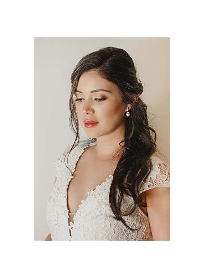 Cubic Zirconia Pearl Drop Wedding Earrings for Brides, Ivory Bridal Pearl Earrings for Bridesmaid Jewelry Gift - Image 3