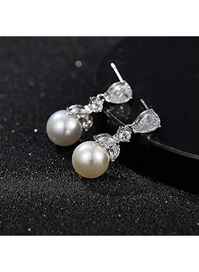 Cubic Zirconia Pearl Drop Wedding Earrings for Brides, Ivory Bridal Pearl Earrings for Bridesmaid Jewelry Gift - Image 4