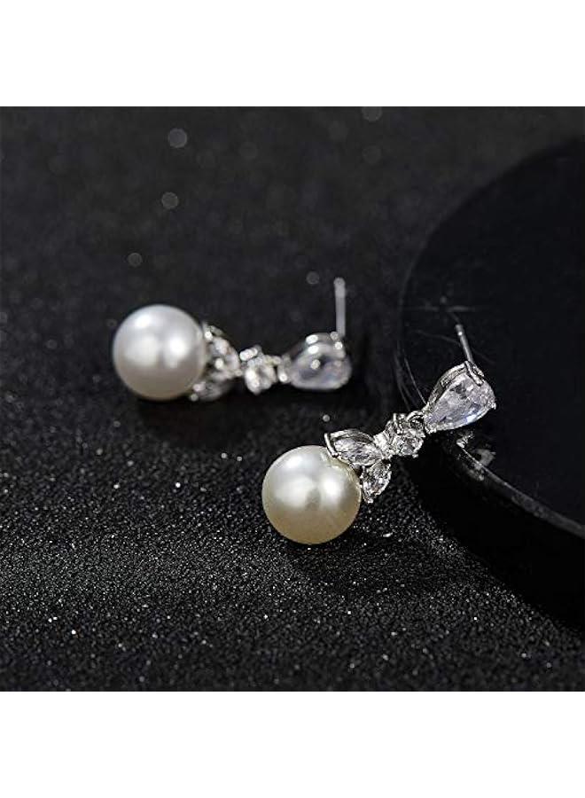 Cubic Zirconia Pearl Drop Wedding Earrings for Brides, Ivory Bridal Pearl Earrings for Bridesmaid Jewelry Gift - Image 5