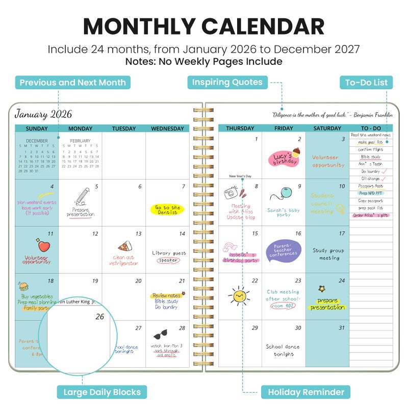 Taja Monthly Planner 2026-2027, 2 Year Months Calendar Planner 2026-2027, Runs from January 2026 - Decembe 2027, 7" x 10", 24 Months, Perfect for School Office Home Planning - Green - Image 2