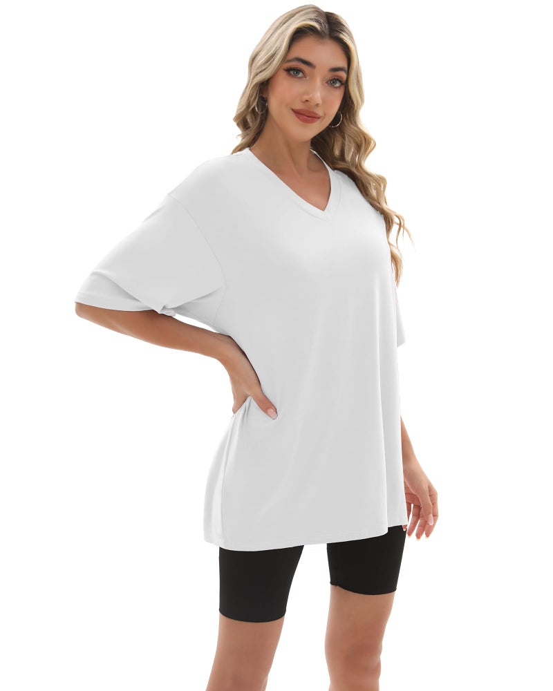 Kinglaman 4 Pack Oversized TShirts for Women, Short Sleeve Drop shoulders Plus Size Baggy Dry Fit T Shirts Tops Tees for Casual or Athletic 1 Black 1 White 1 Dark Pink 1 Khaki Large - Image 2