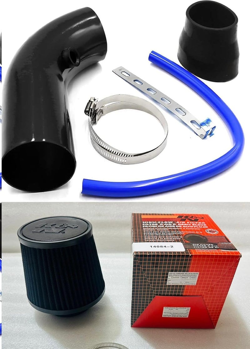 AUTO MT BLACK K N CAR AIR FILTER + Cold Air Intake Pipe 3Inch Universal Performance Car Cold Air Intake Turbo Filter Aluminum Air Filter Induction Flow Hose Pipe Kit Universal K N kit-(1 Set) - Image 1