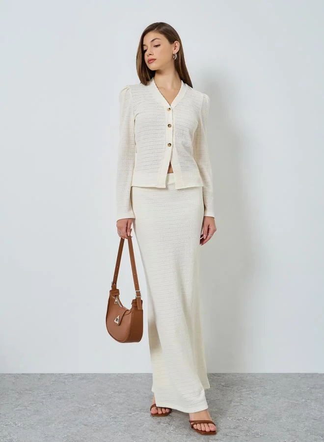 Styli Off White Textured Knit Top with Long Sleeves