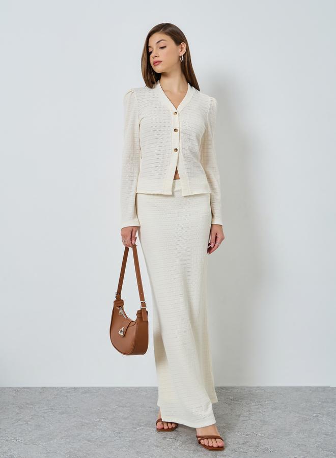 Styli Off White Textured Knit Top with Long Sleeves - Image 2