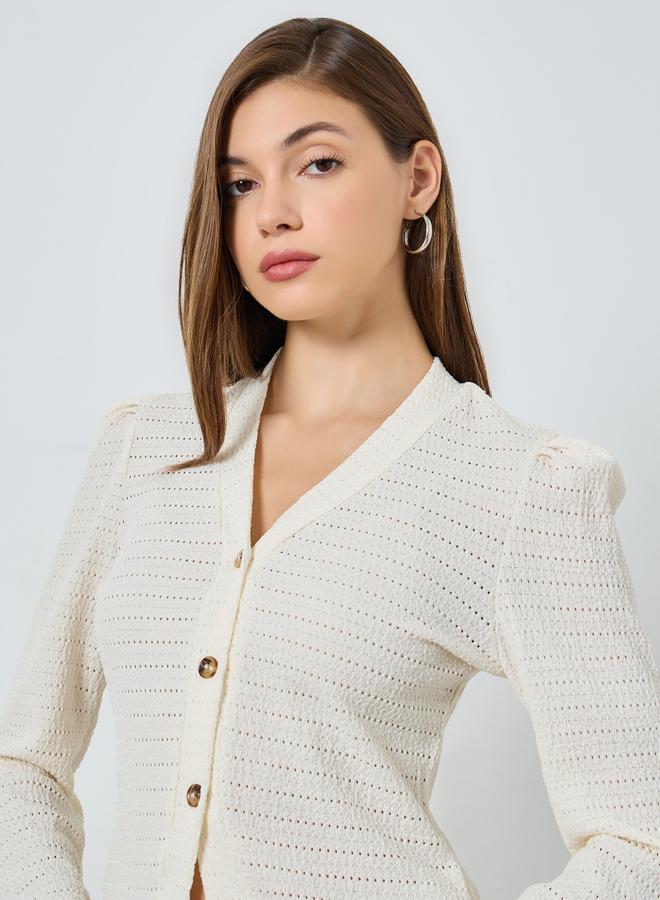 Styli Off White Textured Knit Top with Long Sleeves - Image 3