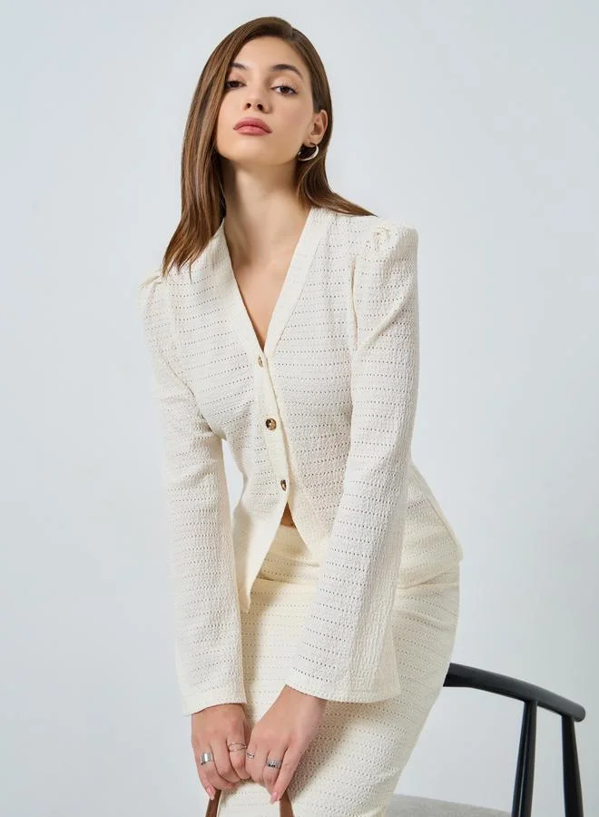 Styli Off White Textured Knit Top with Long Sleeves