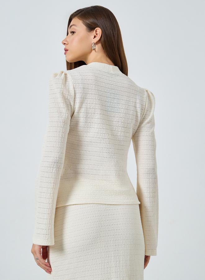 Styli Off White Textured Knit Top with Long Sleeves - Image 4