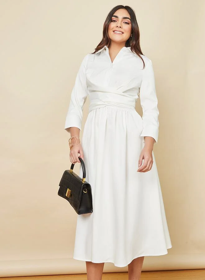 Styli Wrap Over Tie Waist A-Line Midi Dress