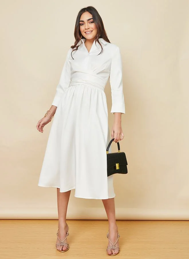 Styli Wrap Over Tie Waist A-Line Midi Dress
