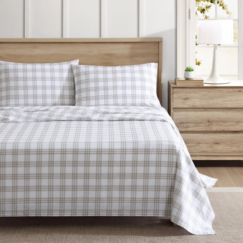 Eddie Bauer - Twin Sheet Set, Cotton Percale Bedding Set, Super Soft and Bedding Set, Oeko-Tex Certified (Basic Plaid Beige, Twin) - Image 1