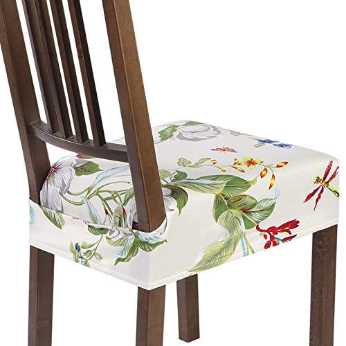 SearchI Stretch Dining Chair Seat Covers Set of 4, Soft Removable Washable Seat Covers for Dining Chairs, Dining Room Seat Cover Slipcover Protector (Rear-Covered, Beige Flower) - Image 1
