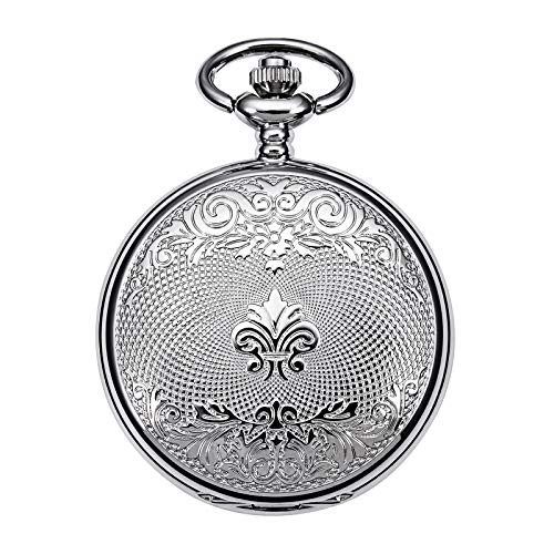 TREEWETO Men's Mechanical Pocket Watch Dream Dragon Skeleton Double Open Silver Case with Chain & Box Gift for Man Men Women - Image 4