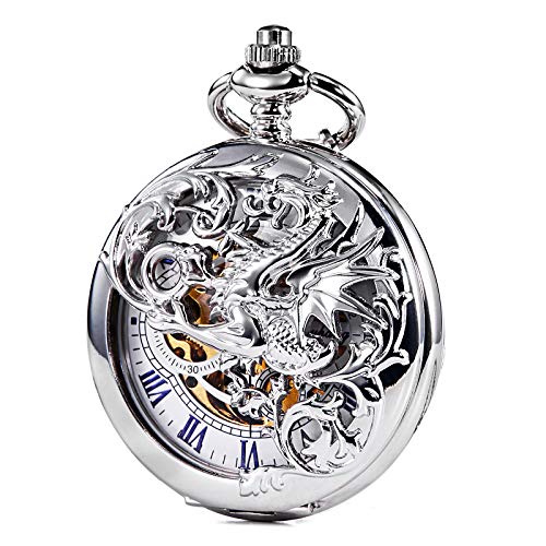 TREEWETO Men's Mechanical Pocket Watch Dream Dragon Skeleton Double Open Silver Case with Chain & Box Gift for Man Men Women - Image 2