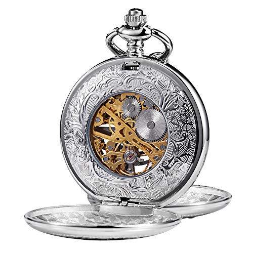 TREEWETO Men's Mechanical Pocket Watch Dream Dragon Skeleton Double Open Silver Case with Chain & Box Gift for Man Men Women - Image 5