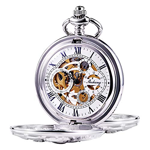 TREEWETO Men's Mechanical Pocket Watch Dream Dragon Skeleton Double Open Silver Case with Chain & Box Gift for Man Men Women - Image 1