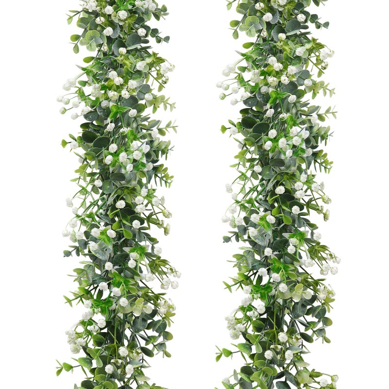SOMYTING Faux Eucalyptus Garland 2 Pack Fake Vines Hanging Eucalyptus Babys Breath Greenery Garland Spring Garland for Mantle Table Wedding Backdrop Arch Party Wall Decor (2PCS) - Image 1
