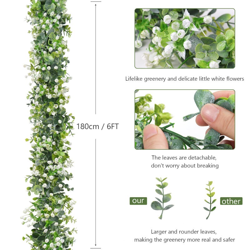 SOMYTING Faux Eucalyptus Garland 2 Pack Fake Vines Hanging Eucalyptus Babys Breath Greenery Garland Spring Garland for Mantle Table Wedding Backdrop Arch Party Wall Decor (2PCS) - Image 2