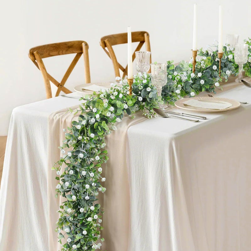 SOMYTING Faux Eucalyptus Garland 2 Pack Fake Vines Hanging Eucalyptus Babys Breath Greenery Garland Spring Garland for Mantle Table Wedding Backdrop Arch Party Wall Decor (2PCS) - Image 4