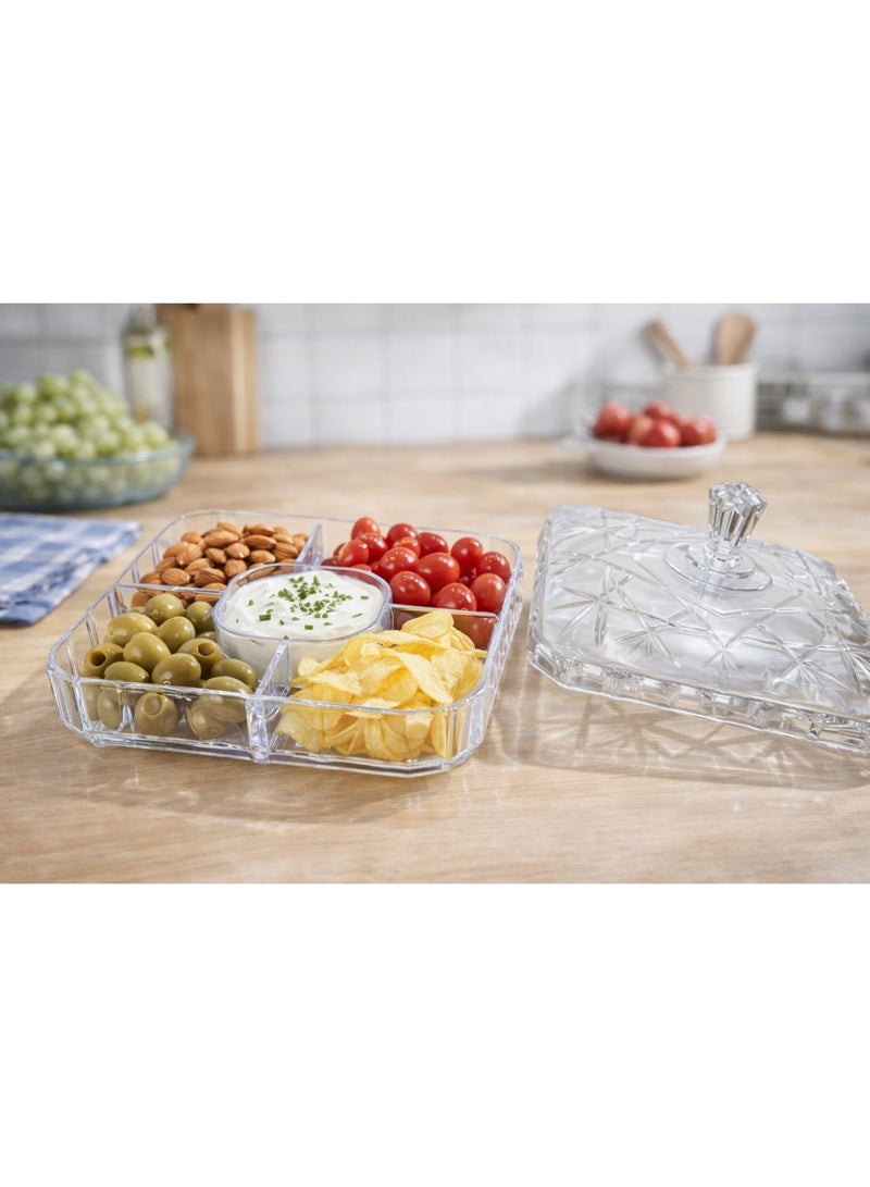 Sarty Clear Acrylic Square Divided Snack Serving Tray & Bonbonniere with Lid, 5 Compartments Crystal Design - Transparent - Image 2