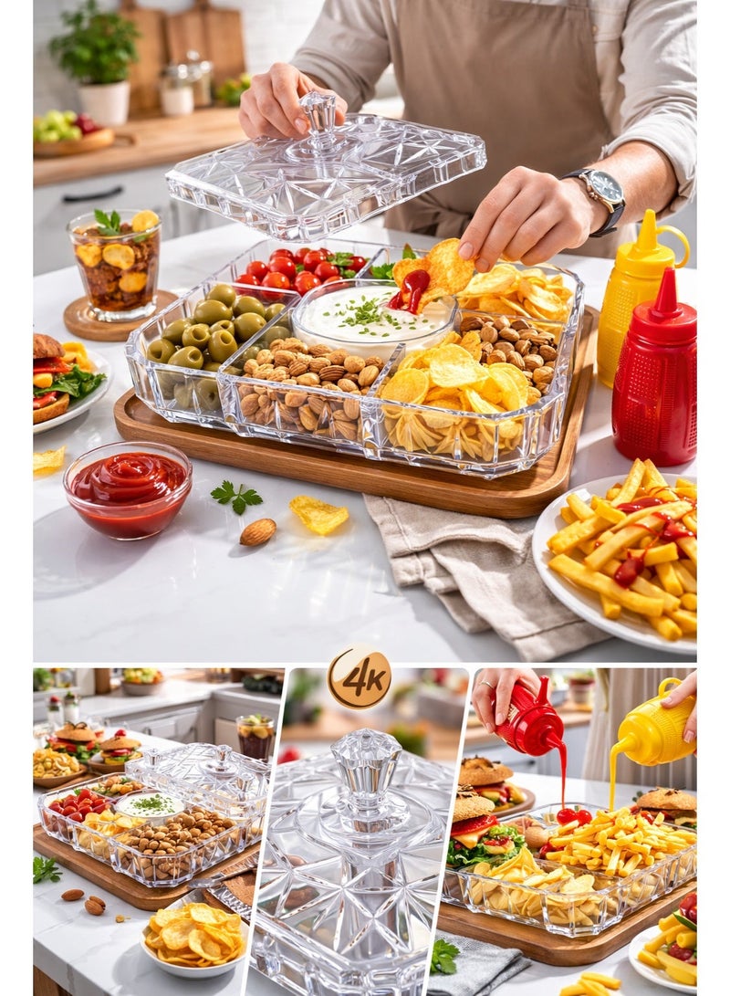 Sarty Clear Acrylic Square Divided Snack Serving Tray & Bonbonniere with Lid, 5 Compartments Crystal Design - Transparent - Image 4