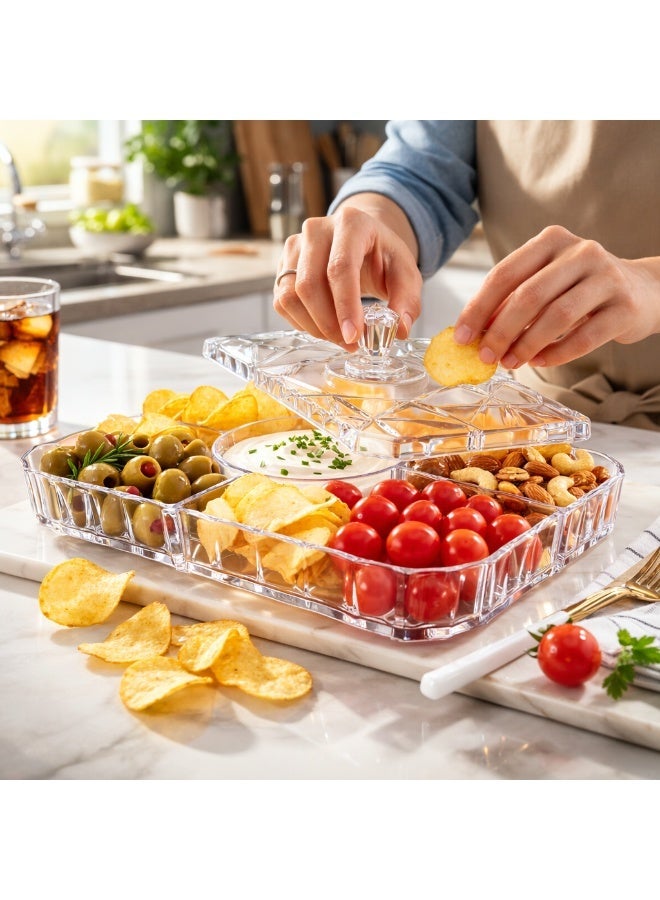Sarty Clear Acrylic Square Divided Snack Serving Tray & Bonbonniere with Lid, 5 Compartments Crystal Design - Transparent - Image 5