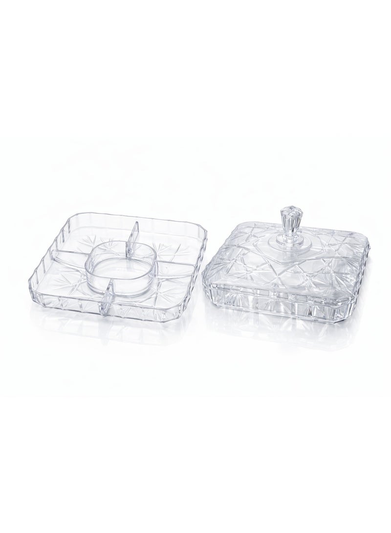 Sarty Clear Acrylic Square Divided Snack Serving Tray & Bonbonniere with Lid, 5 Compartments Crystal Design - Transparent - Image 3