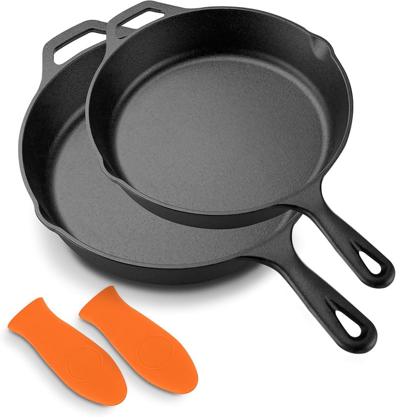 NutriChef 10  12 PreSeasoned Cast Iron Pans  Durable Nonstick Skillets CoolTouch Silicone Handle For Oven Grill  All Stovetops