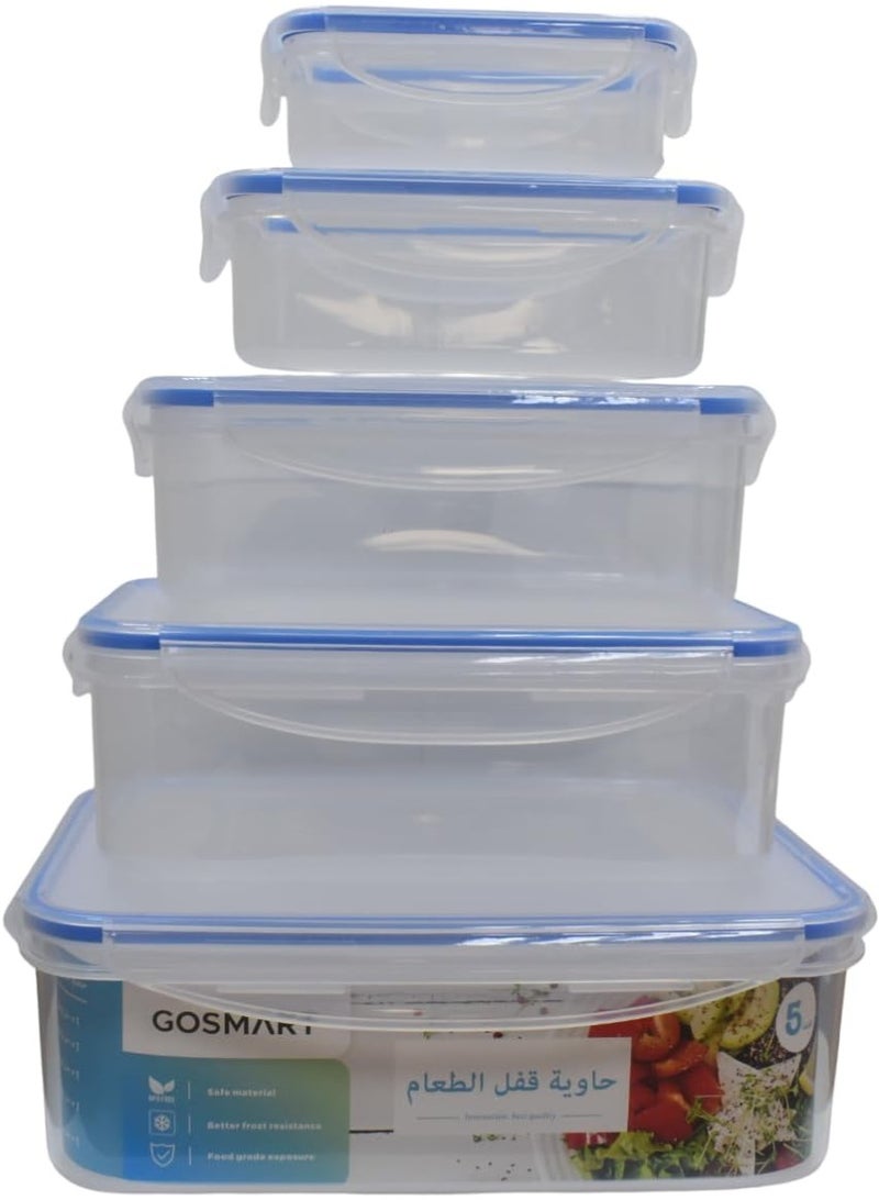 Plastic Food Storage Containers, 5-Piece Rectangle Airtight Set, Clear Plastic with Blue Lids, Multiple Sizes (240ml, 500ml,1000ml, 1500ml, 2500ml)