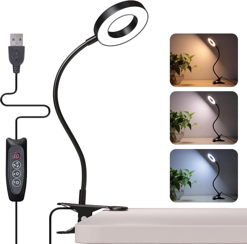 Foneso Desk Lamp Clip on Light, 48 LED USB Lamp with 3 Color Modes 10 Brightness Levels, 360° Flexible Gooseneck Eye Protection Bed Night Light for Reading, Makeup, Craft (Black) - Image 1