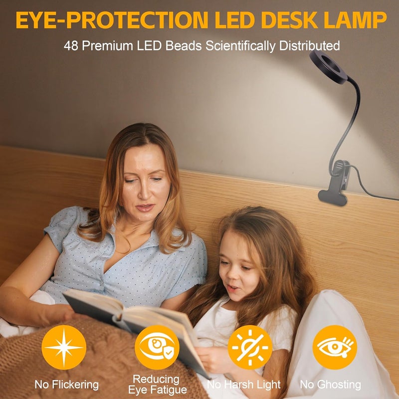 Foneso Desk Lamp Clip on Light, 48 LED USB Lamp with 3 Color Modes 10 Brightness Levels, 360° Flexible Gooseneck Eye Protection Bed Night Light for Reading, Makeup, Craft (Black) - Image 2