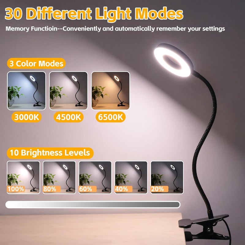 Foneso Desk Lamp Clip on Light, 48 LED USB Lamp with 3 Color Modes 10 Brightness Levels, 360° Flexible Gooseneck Eye Protection Bed Night Light for Reading, Makeup, Craft (Black) - Image 5