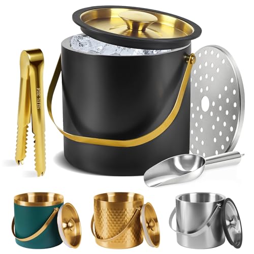 TOSELBAI 4L Ice Bucket, Ice Bucket with Silicone Sealing Ring Double-wall Vacuum Insulation Champagne Buckets with Filter Layer Ice Tongs Ice Scoop (Black) - Image 1