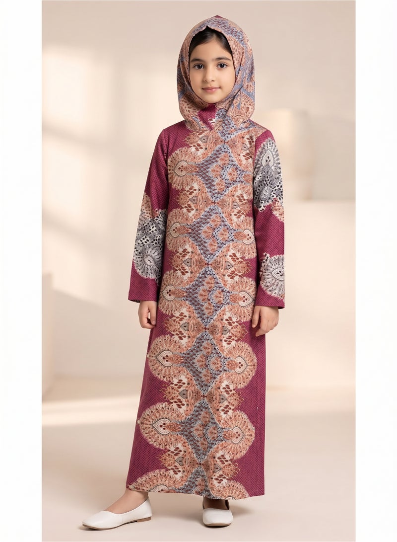 Kids Girls Prayer Esdall / Abaya Size 12 Patterned with Matching Sleeves and Hood - Islamic Prayer Dress - Image 2