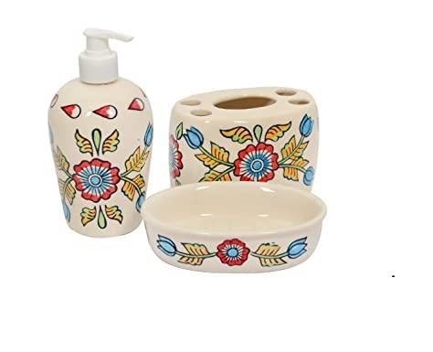 Skywalk Hand Painted Ceramic Bathroom Set of 3 Pieces - Liquid Soap Dispenser, Soap Dish and Brush Holder for Bathroom Décor and Home Gift Set