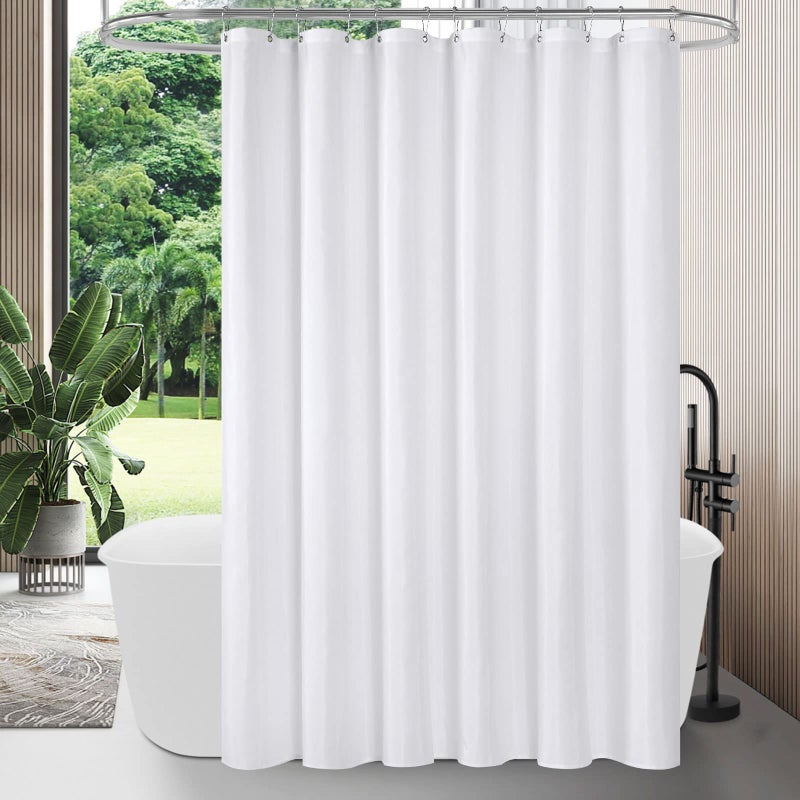 MitoVilla White Fabric Shower Curtain Liner Heavy Simple Shower Curtain or Liner for Modern Neutral Hotel Bathroom Decor Waterproof Cloth Machine Washable 12 Plastic Hooks 72 W x 72 H
