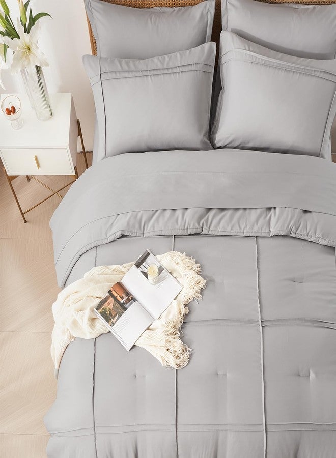Yogeneg Full Size Comforter Set 7 Piece Bed in a Bag,Grid Pinch Pleat Grey Bedding Set,Striped Textured Soft Microfiber Comforter with Sheet Set,All Season Complete Bed Set(Grey,Full) - Image 3