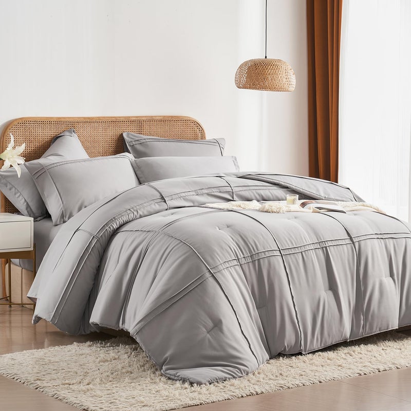 Yogeneg Full Size Comforter Set 7 Piece Bed in a Bag,Grid Pinch Pleat Grey Bedding Set,Striped Textured Soft Microfiber Comforter with Sheet Set,All Season Complete Bed Set(Grey,Full) - Image 1