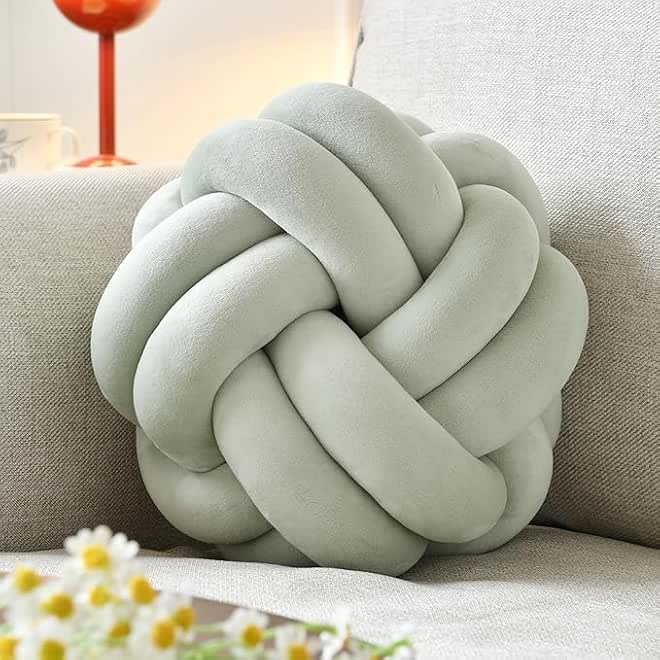 Decorative Ball Knot Cushion Plush Hand Knotted Cushion Soft Round Cushion for Sofa Bedroom (Turquoise Green, Large)