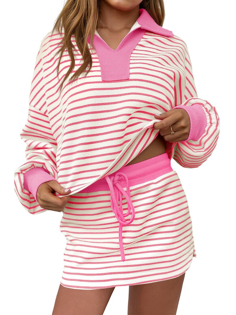 Fisoew Womens Striped 2 Piece Outfits Casual Sweatshirt Skirt Set Long Sleeve Skort Workout Set Matching Lounge Sets - Image 1
