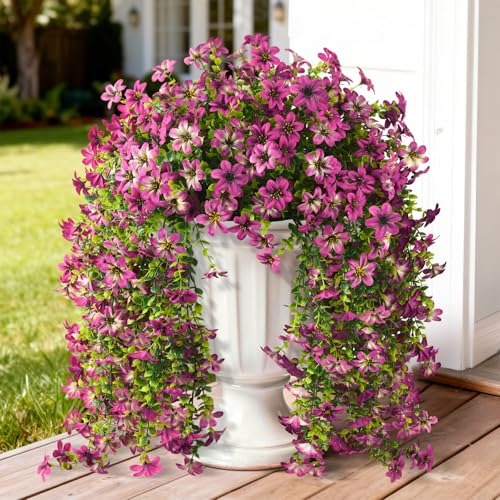 ZFProcess Artificial Hanging Flowers for Outdoors, 2 Pcs Fake Hanging Flowers Spring Summer Decor, UV Resistant Faux Artificial Outdoor Plants for Planter Front Door Porch Patio Garden Yard(Gradient Purple Red) - Image 1