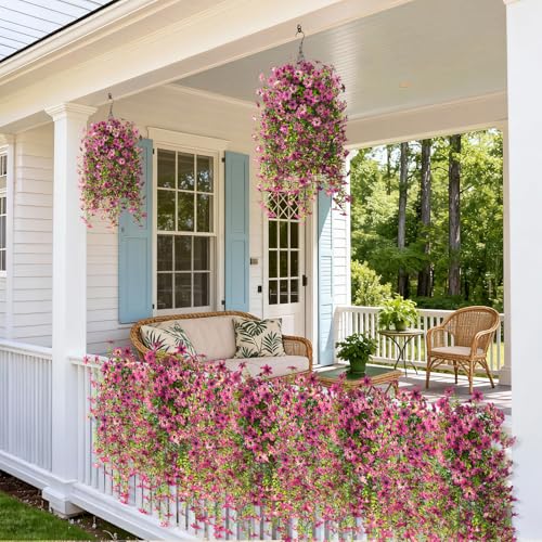 ZFProcess Artificial Hanging Flowers for Outdoors, 2 Pcs Fake Hanging Flowers Spring Summer Decor, UV Resistant Faux Artificial Outdoor Plants for Planter Front Door Porch Patio Garden Yard(Gradient Purple Red) - Image 5